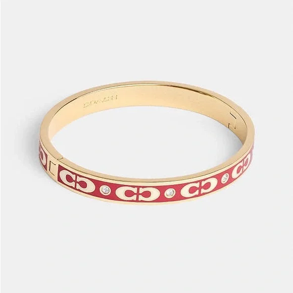 Coach Signature C Bangle Logo Statement Bracelet Enamel Hinged Pink Red Gold - Picture 3 of 9